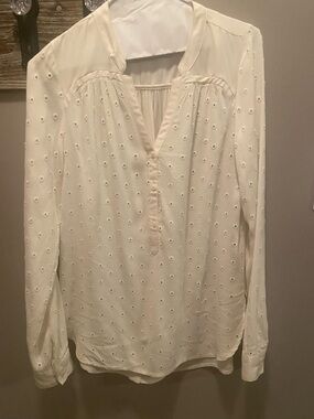 LC Lauren Conrad Cream Eyelet V-Neck Button Blouse
